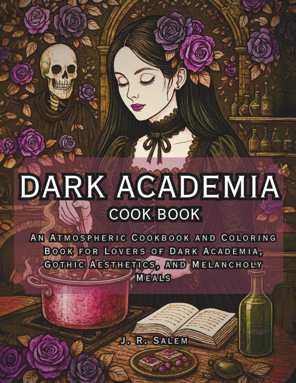 Dark Academia Cook Book with gothic art and a cooking pot