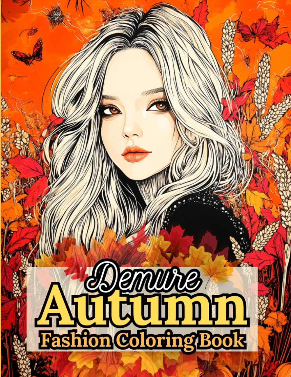 Demure Autumn fashion coloring book with a woman and fall leaves