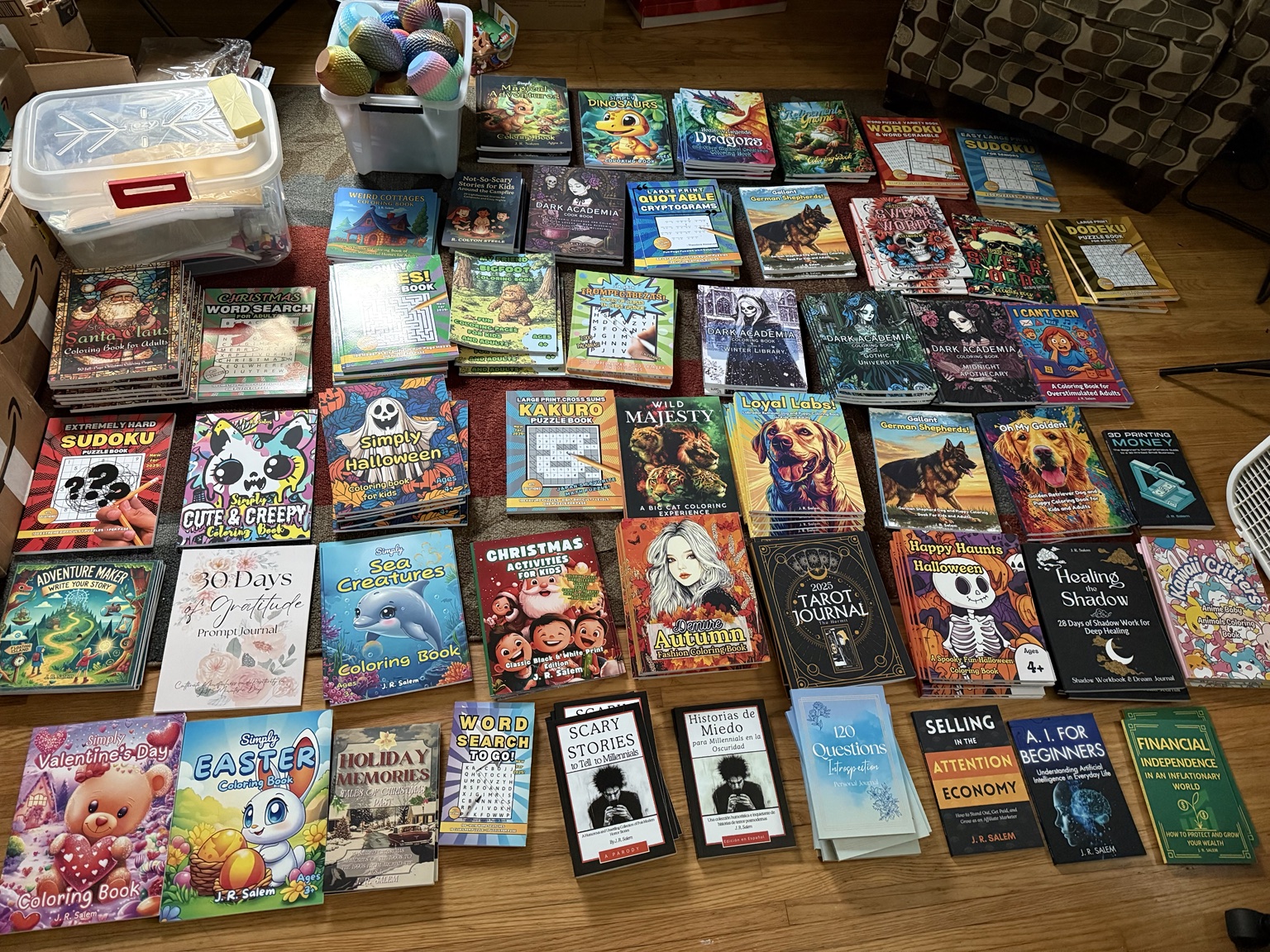 A colorful assortment of J. R. Salem activity and coloring books, including books from the Simply Series