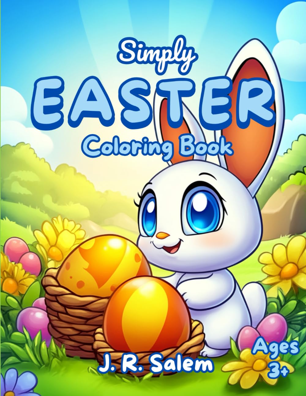 Cover of Simply Easter Coloring Book by J. R. Salem, featuring a bunny and colorful Easter eggs