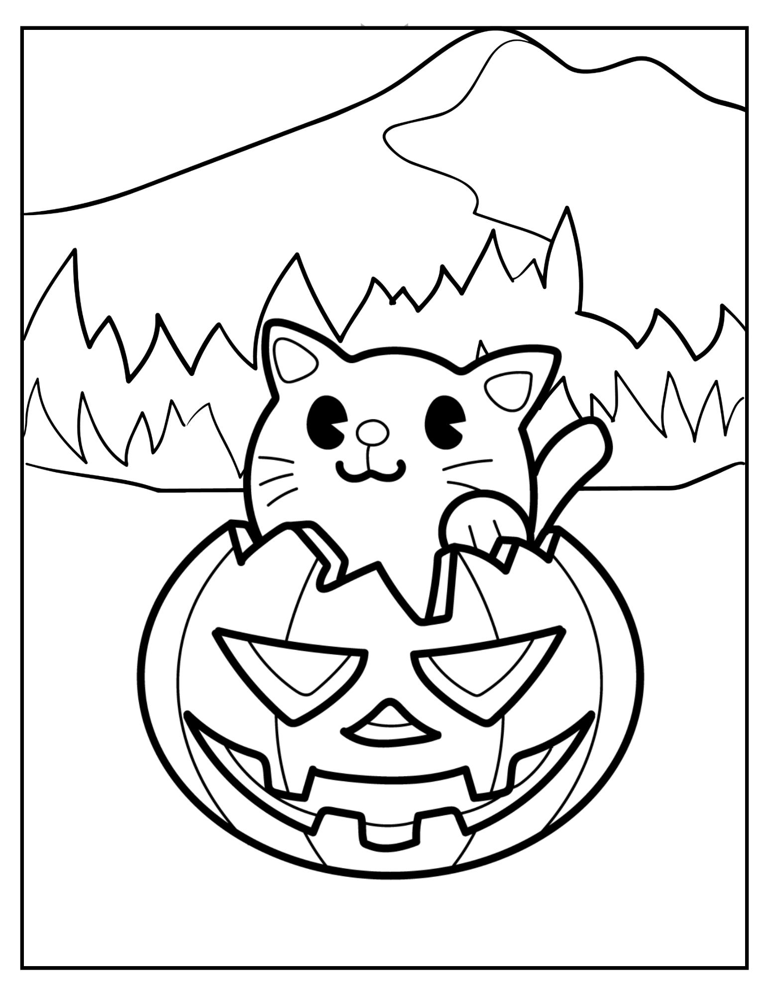 Sample coloring page from Simply Halloween showing a cat popping out of a jack-o'-lantern