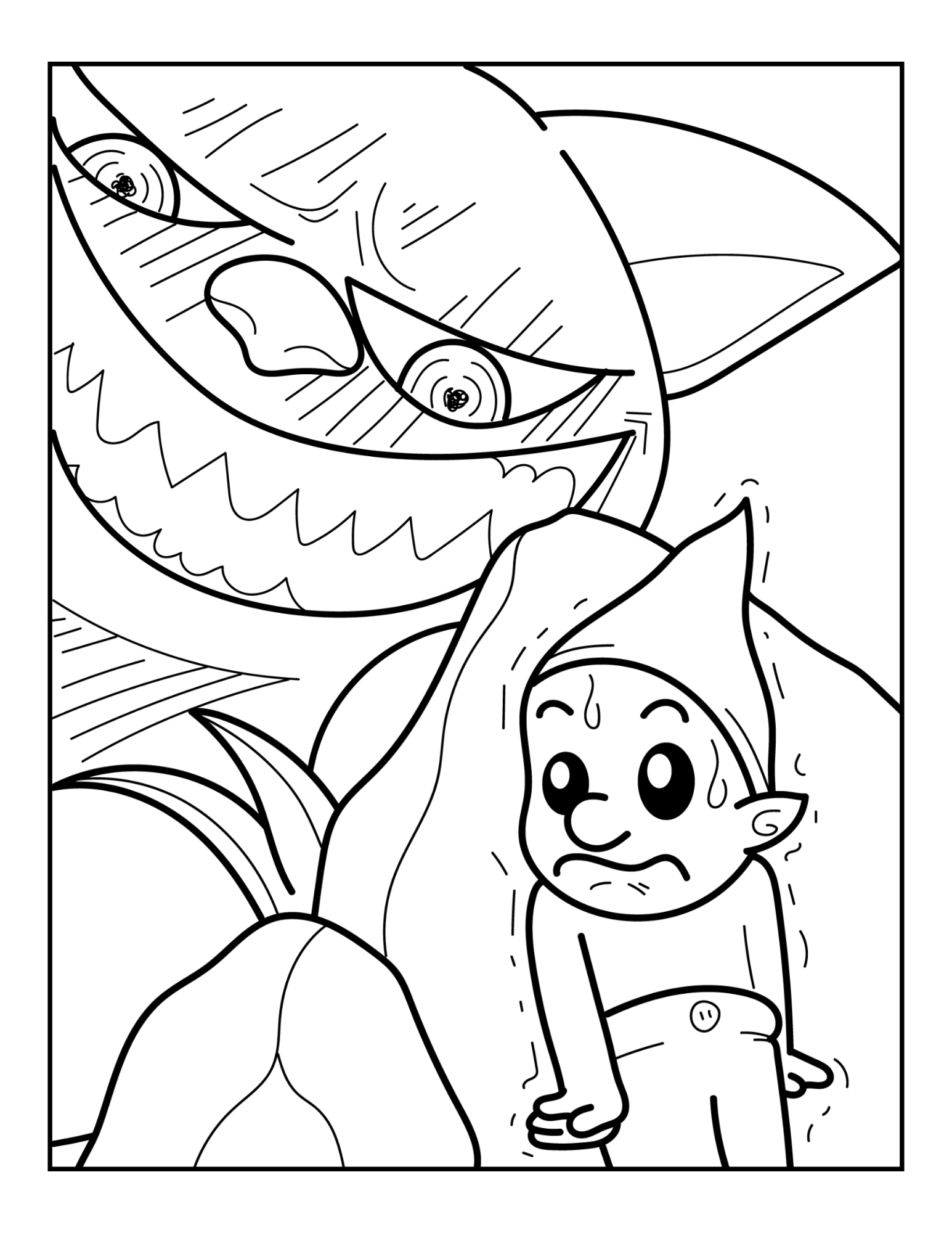 Sample coloring page from Simply Magical Adventures showing a young adventurer facing a large fantasy creature